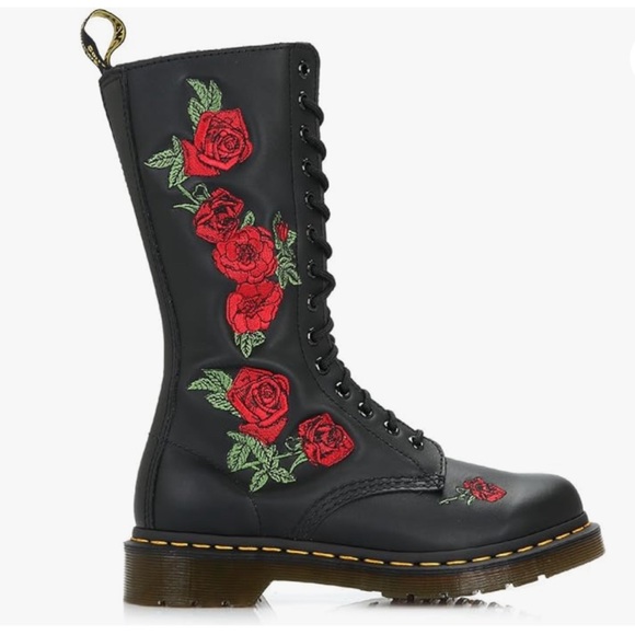 Dr. Martens Shoes - NWT- Dr. Martens ‘1914 Vonda’ Leather Mid Calf Rose Embroidered Combat Boots